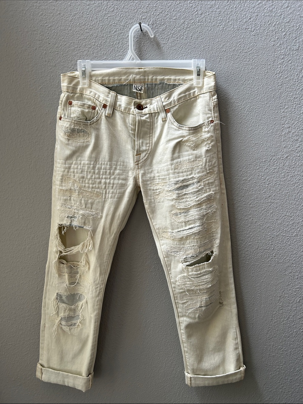 NSF Cream Distressed Slim Straight Jeans 25